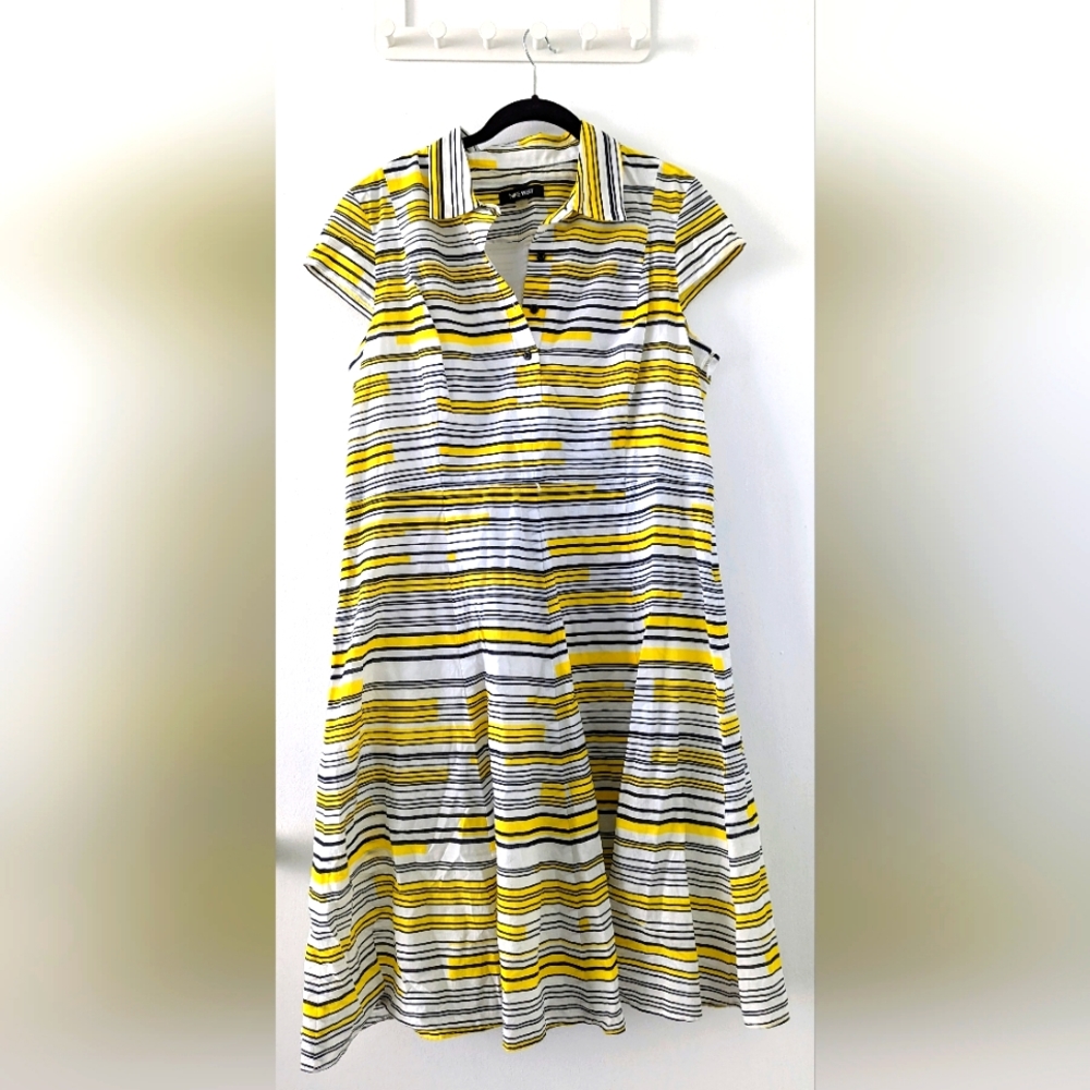 Nine West striped dress, knee length, black yellow white, Sz 16